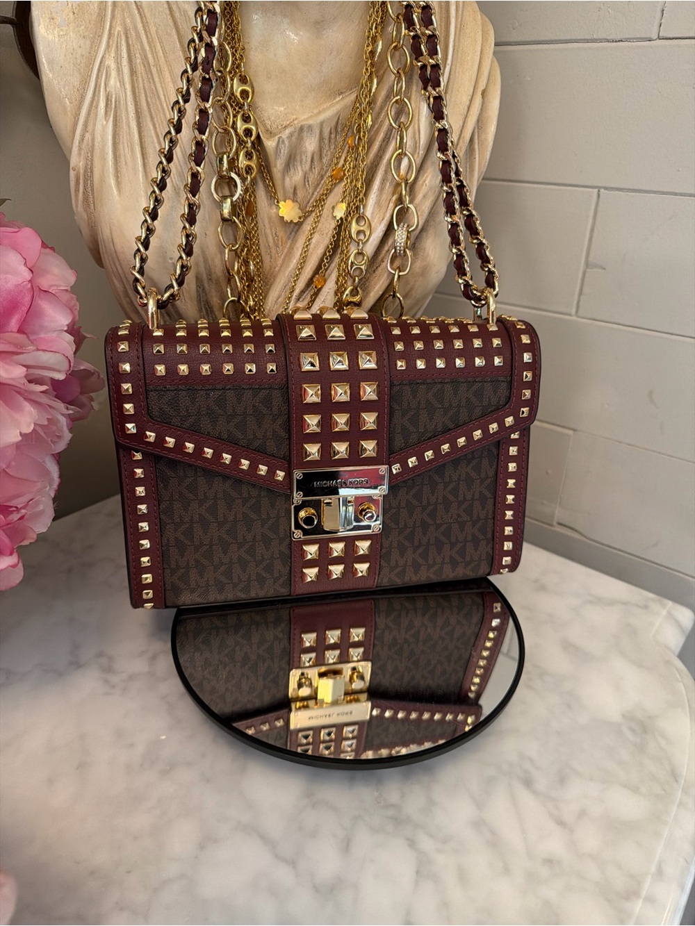 Michael Kors Maroon Studded Crossbody flap Bag with Gold Hardware